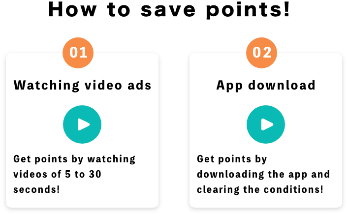 ポイントの貯め方！ 01動画広告視聴 5〜30秒の動画を視聴してポイントGET！ 02アプリダウンロード アプリDL&条件クリアでポイントGET！